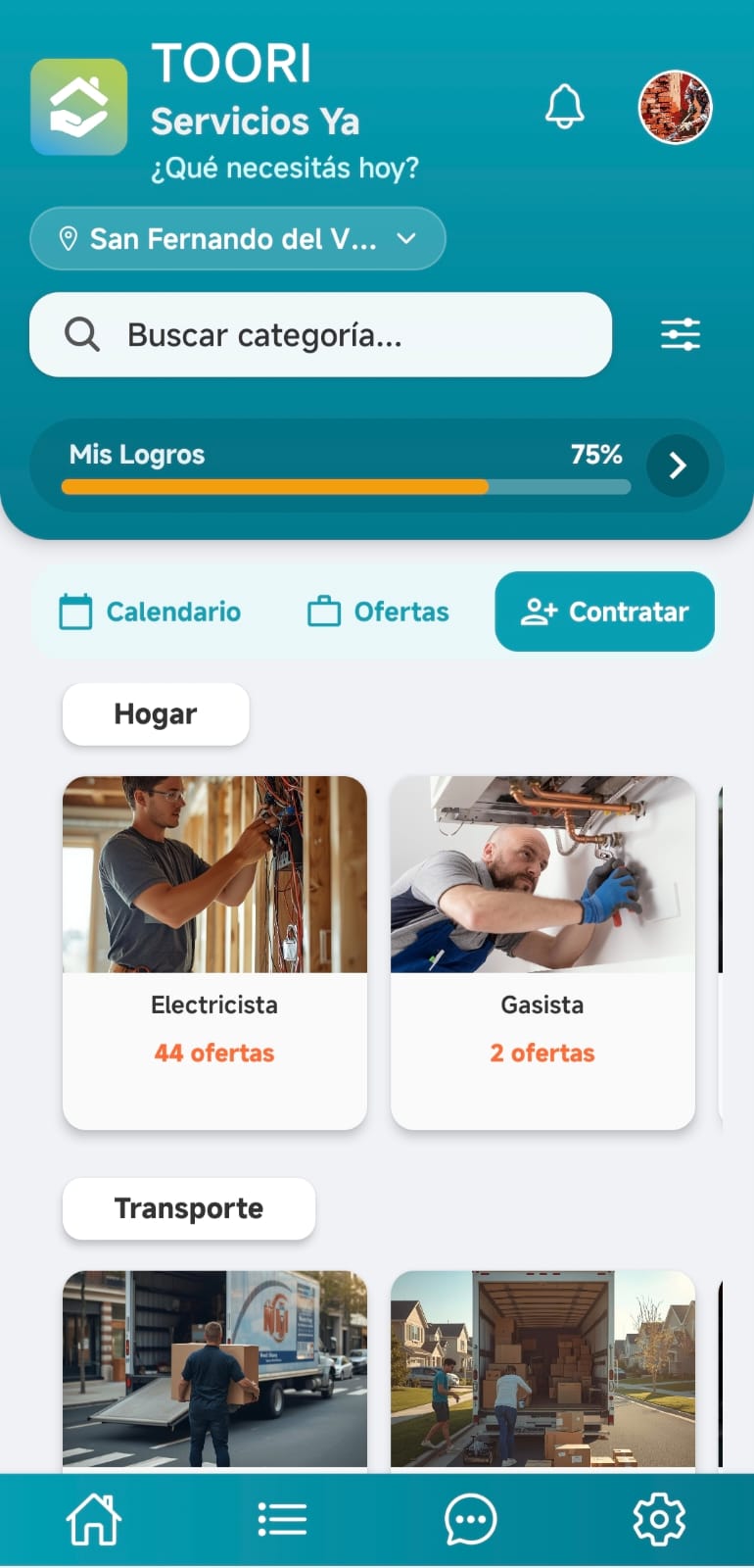 App Toori ServiciosYa - Pantalla principal
